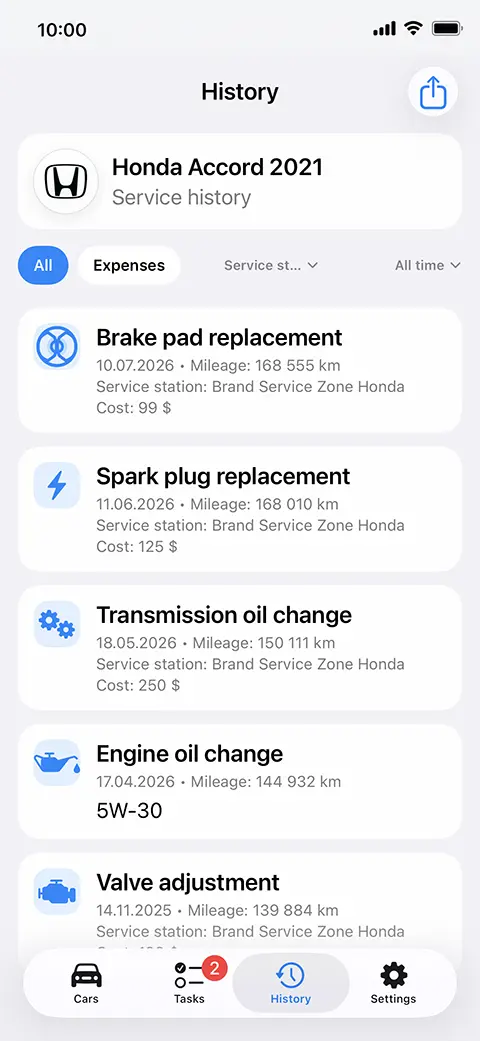 AutoLine history screen