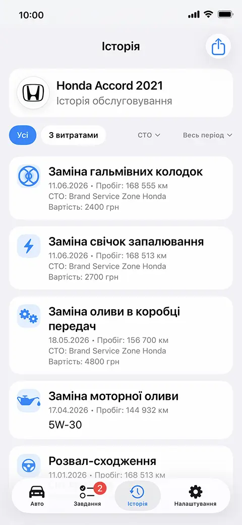 Екран історії AutoLine