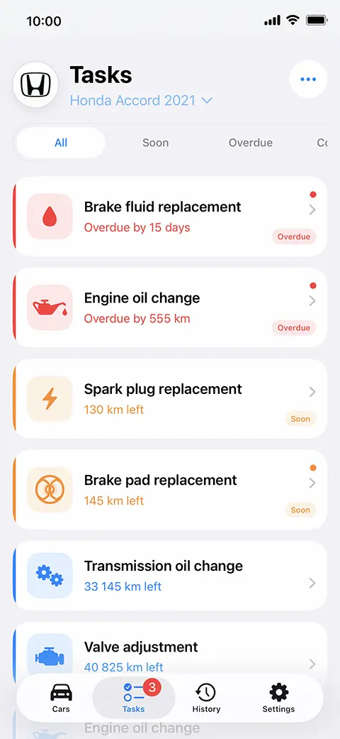 AutoLine tasks screen